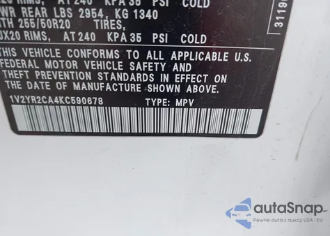 2019 Volkswagen Atlas 3.6L V6 Se W/Technology R-Line z USA, uszkodzony, nr VIN 1V2YR2CA4KC590678